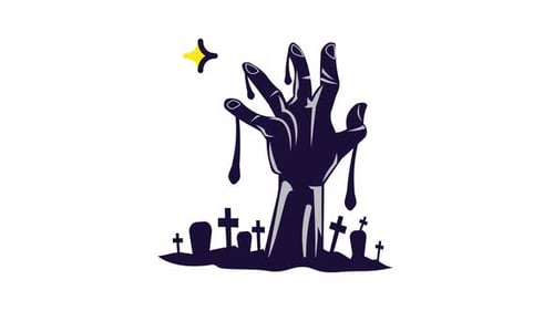 Animated zombie Hand Rising from Grave. Spooky Halloween Illustration