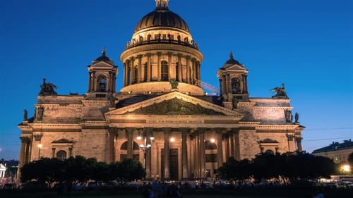 View of the st. Isaacs Cathedral and moon at night.