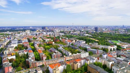 Aerial drone view of Schoneberg, Berlin, Germany. Residential district with greenery, buildings and