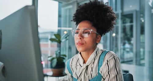 Glasses, computer and reading with business woman in office for web design