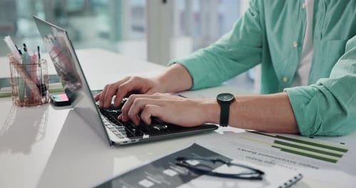 Businessman, hands or typing with laptop for accounting, statistics or finance in office