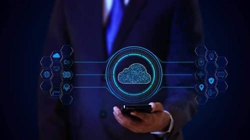 Businessman Virtual Display HUd Hologram Cloud Computing Backup Cyber Security Fingerprint Identity