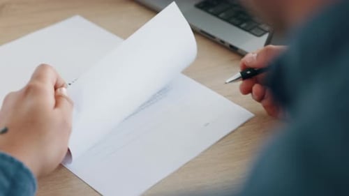 Work contract, employee signature and business person signing partnership deal