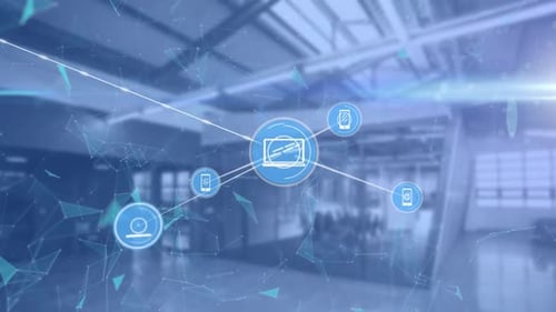 Animation of networks of connections with icons over empty building in background