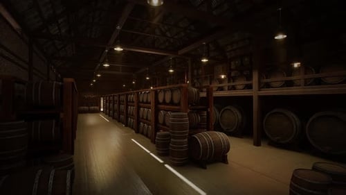 Wine Barrel Storage In The Wine Vault. Barrels Of Cognac, Wine Or Whiskey