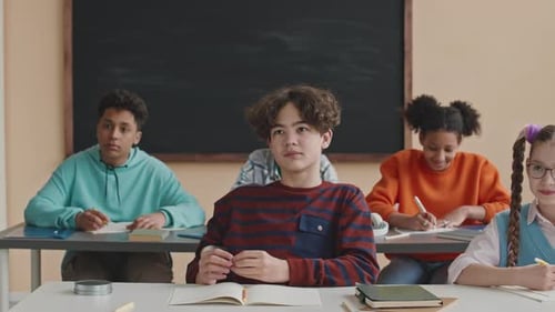 School Boy Raising Hand to Ask Teacher Question during Lesson