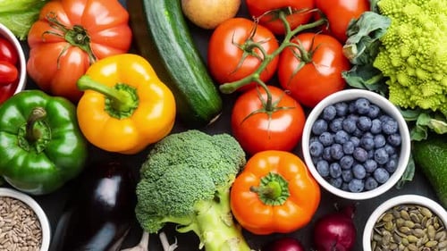 Fresh Vegetables, Fruits, and Nuts Overhead Flatlay