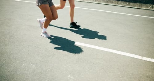 People, legs or running in city for fitness, cardio challenge or endurance workout for wellness