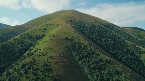Aerial Closeup of Hills Covered with Green Grass and Trees Against Blue Sky