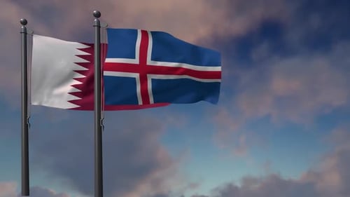Waving Flags of Qatar and Iceland on Sunny Sky