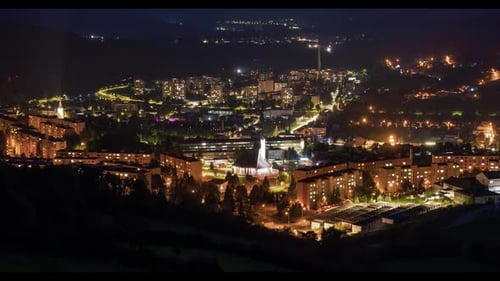 Nightlife in Small City in Europe with Busy Traffic Travel