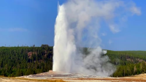 Old Faithful Yellowstone National Park, großer Ausbruch von Geysirdampf, 4k, breit, Sommer, Herbst, blauer Himmel