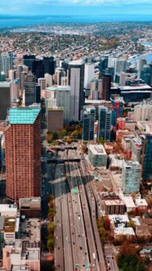 American city architecture. Seattle city aerial view with modern buildings. Vertical video