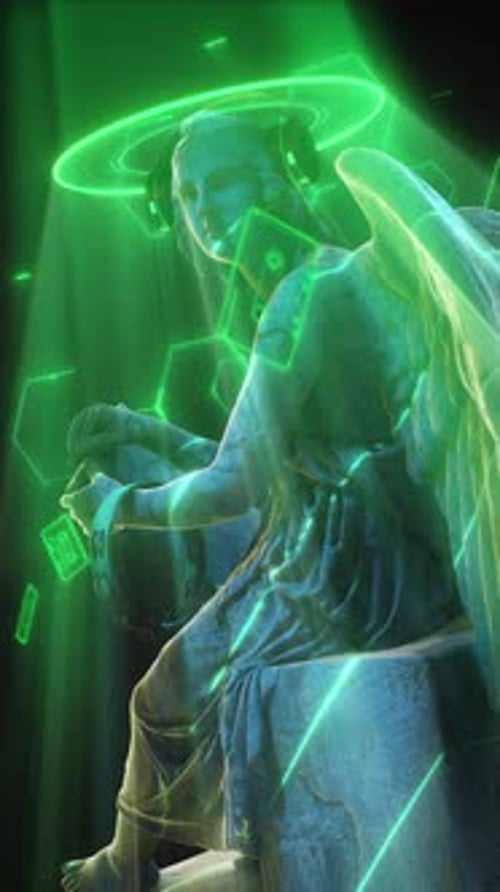Neon Green Angel Statue with Futuristic Glowing Lines and Headphones