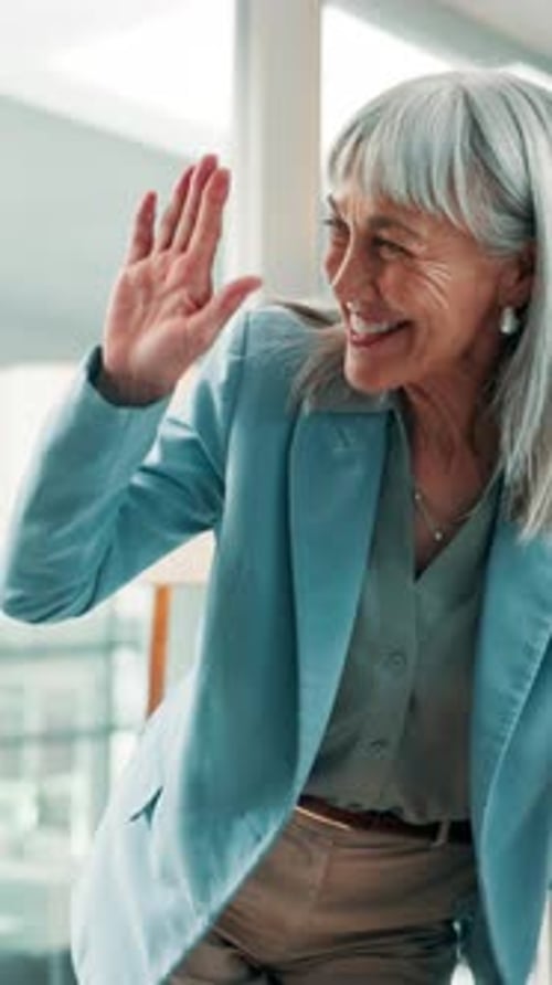 Smile, people and business woman with high five in office, stock exchange success