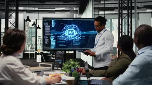 CTO in Startup Office Doing Presentation on Deep Learning Tech to Investors