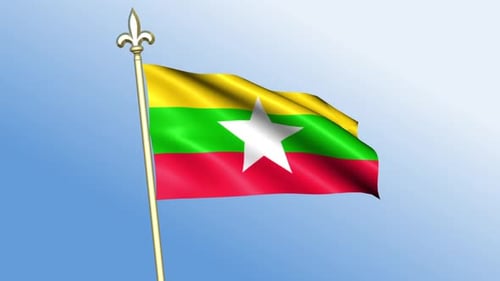 Myanmar National Flag Waving Animation on Golden Flagpole