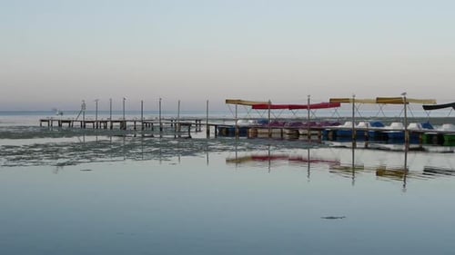 V34. Morning at sea. Seagulls are flying, catamarans are moored near the pier.
