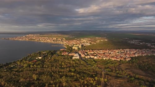 Aerial view of Nesebar town by the Black Sea at sunrise, Bulgaria.