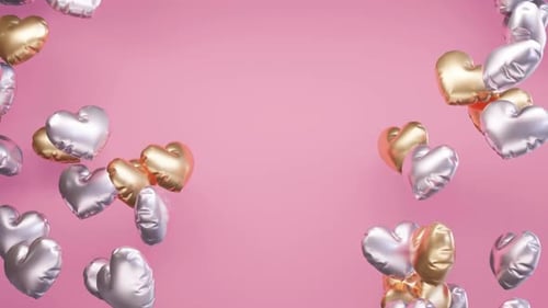 Floating Metallic Heart Balloons Pink Background Frame