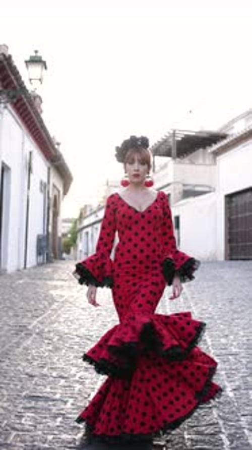 Spanish Flamenco Dancer Performing on a Cobblestone Street