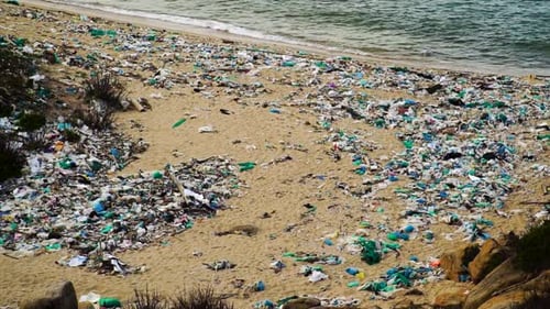 Landscape of beach polluted by plastic rubbish, climate change concept