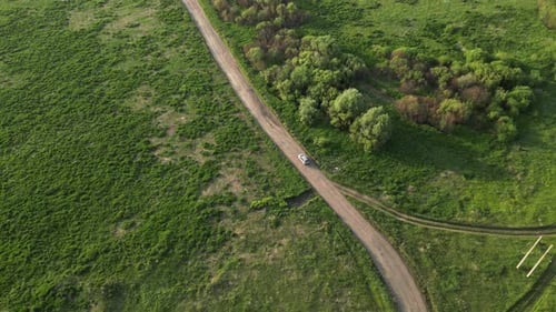 White Car Navigating Dusty Rural Road Cutting Through Green Fields and Bordering Forest with