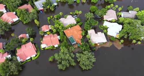Hurricane Flooded Homes in Residential Community in Florida USA Aftermath of Natural Disaster