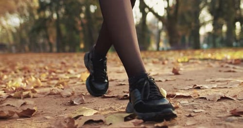 Close Up of Female Feet in Dark Trainers Walking in Park on Path with Yellow Leaves Outside Woman