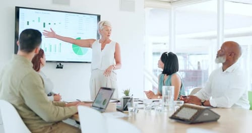 Презентация, встреча бизнесменов и финансов с диаграммой на экране со статистикой данных