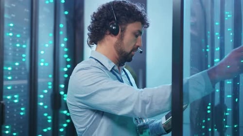 Un técnico del centro de datos monitorea y analiza diligentemente las métricas de rendimiento del servidor