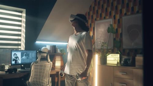 Young Adult Using VR Headset in Cozy Room