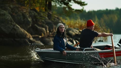 People Boating In River In Weekend Trip Male And Female Travelers Visiting Natural Locations
