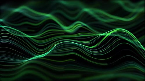 Green sound waves frequency on black background. Neon glowing audio waveform graph flowing smoothly,