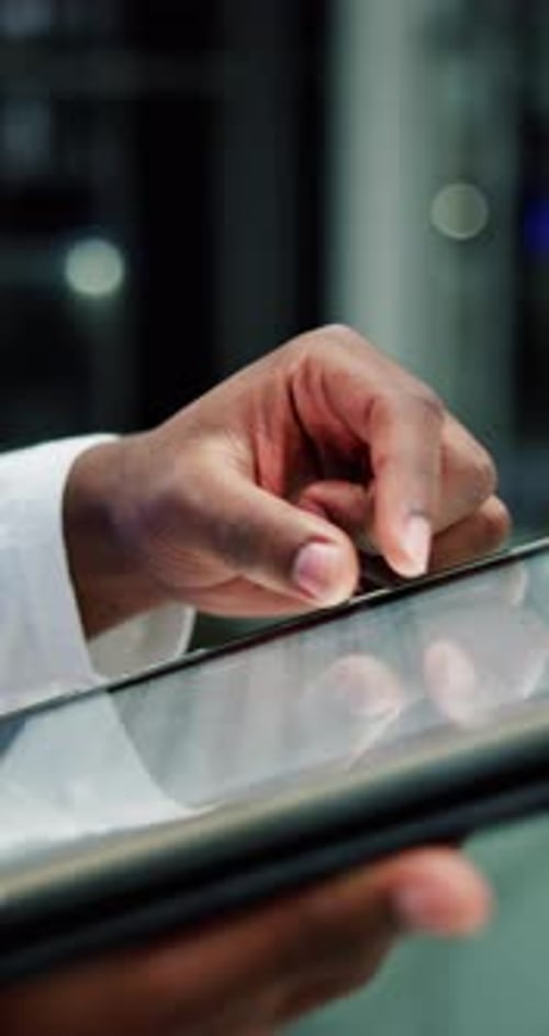 Night, hands and businessman with tablet for scroll, article research and website information