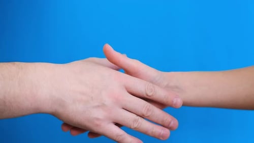 Two Hands Shaking in Agreement on Blue Background