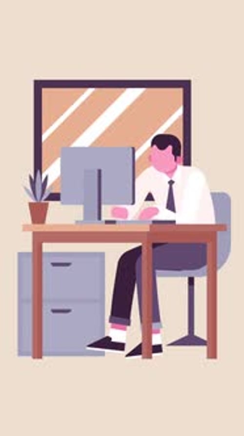 Animated Man Working On Computer At Office Desk