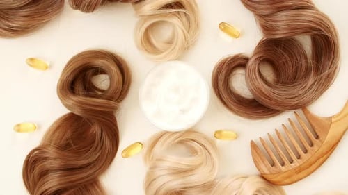 Blond Brown Shiny Wavy Hair on White Background Shiny Woman Hair Strand Curl Hair Care and Beauty