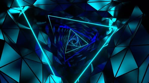 Blue And Cyan Neon Ribbed Triangular Spiral Tunnel Background Vj Loop In 4K