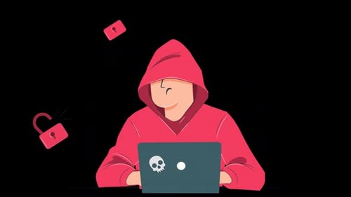 Hacker With Laptop Computer Stealing Passwords And Breaking In Confidential Data On Alpha Channel