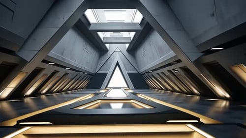 Futuristic, triangular corridor with concrete and metal accents. Interior architectural design