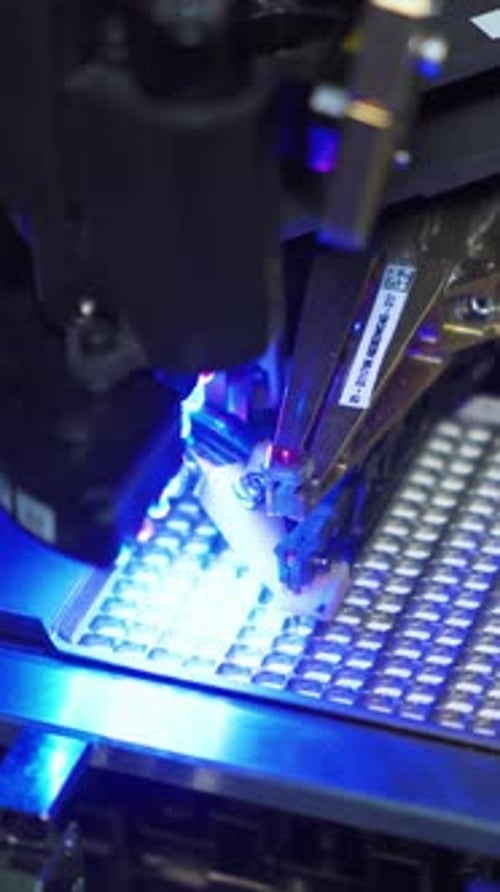Precision Robotic Arm Working on Microchip Grid Under Blue Light