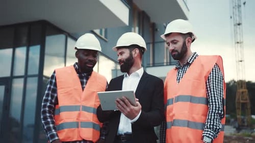 Professional Team of Construction Managers Discussing the 3d Digital Project on the Laptop