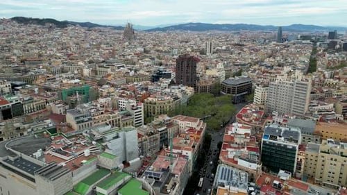 Aerial view of Barcelona cityscape and Sagrada Familia, Spain.