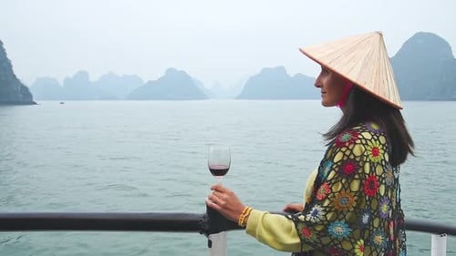 Pretty Woman Drink Wine Enjoy Boat Ride In Vietnam