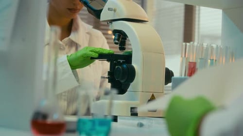 Wissenschaftlerin nutzt Mikroskop und teilt Laborarbeitsplatz mit Kollegin