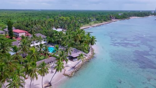 Aerial Drone View Of Luxury Tropical Beach Resort And Turquoise Ocean