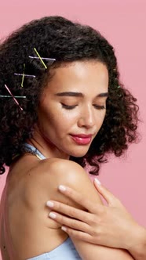 Beauty, hands and shoulder of woman in studio for salon, self care and shine