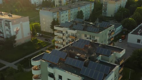 Apartment Buildings with Solar Panels Aerial View