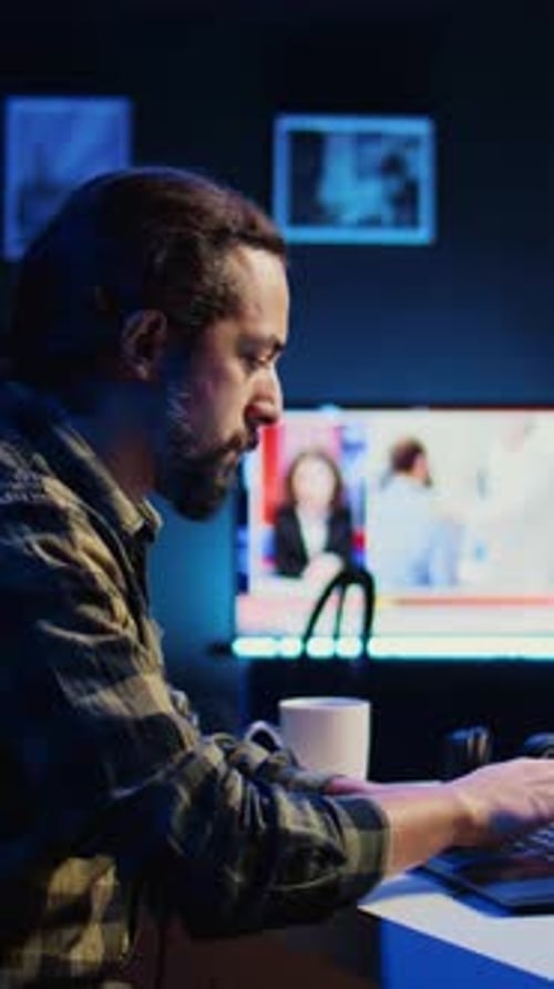Vertical Video Smiling Man Satisfied About Statistical Data Financial Graphs on Laptop Screen